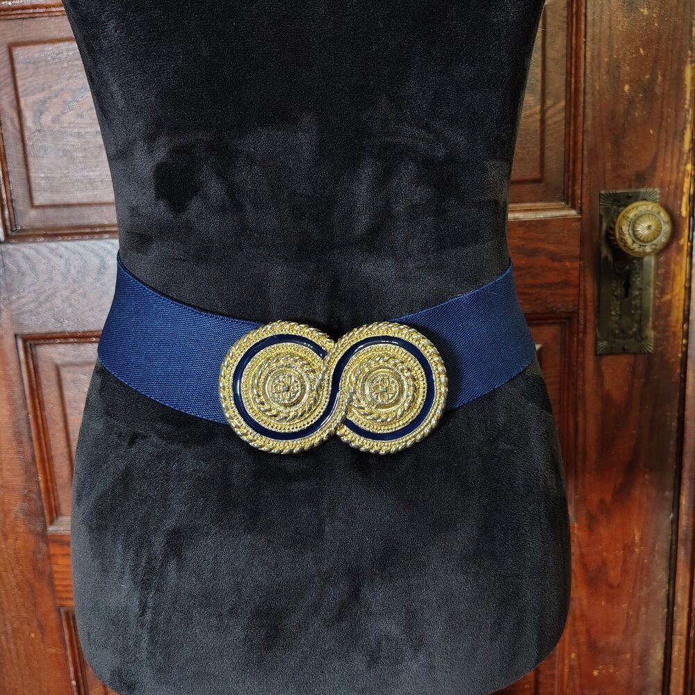 VTG Wide Elastic Navy Belt W Chunky Gold Tone Dble Spiral Statement Buckle Wmns